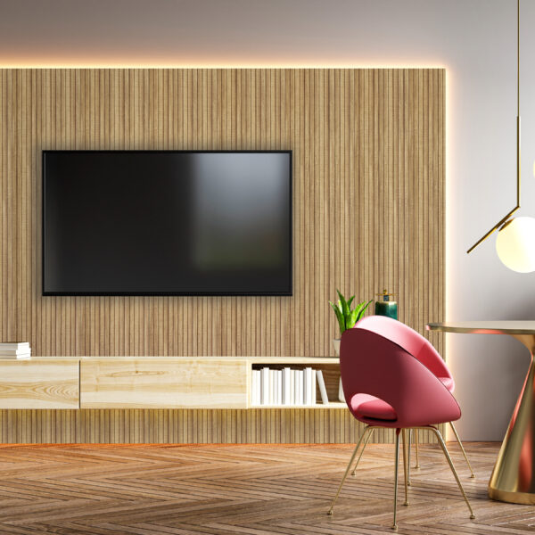 TV room and dining room with marble walls.3D rendering